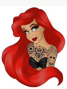 the little mermaid with red hair and tattoos on her chest is looking at the camera