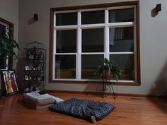 an empty room with a dog bed on the floor and a window in the background