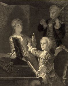 an old black and white drawing of two women playing music together, one holding a violin