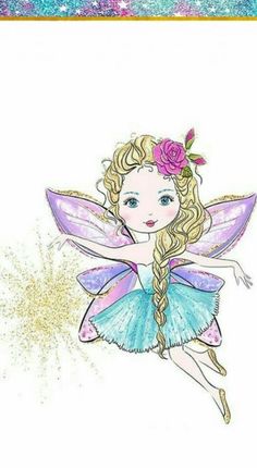 a drawing of a fairy with long blonde hair and blue eyes, wearing a pink flower in her hair