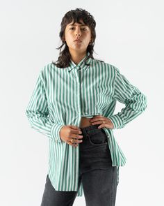 alex-mill-jane-button-back-shirt-in-green-white-bold-stripe-jake-and-jones-santa-barbara-boutique-sustainable-basics-curated-designer Button Back Shirt, Alex Mill, Vintage Tank, Soho Nyc, Back Shirt, Timeless Wardrobe Staples, Maryam Nassir Zadeh, Bold Stripes, Flagship Store