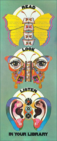 an advertisement for the head look listen in your library, with two butterflies on each side