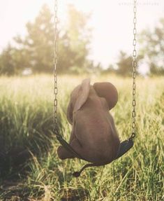 a teddy bear sitting on a swing in the middle of a field with tall grass