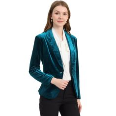 Make casual day with this shawl collar velvet jacket.This office blazer made of velvet fabric and features shawl collar, 1 button closure and a regular fit.Machine Wash Cold, Do Not Bleach.The blazer keeps things casual even at the office with button closure, shawl collar and fashion velvet fabric!This is perfect for working outfit classy.Model is wearing in size XS. Size: large. Color: lake blue. Gender: female. Age Group: adult. Pattern: Solid. Material: Polyester. Womens Oversized Blazer, Working Outfit, Halloween Office, Spring Blazer, Women's Office, Dress Up Jeans, Womens Office, Velvet Shorts, Solid Color Pants