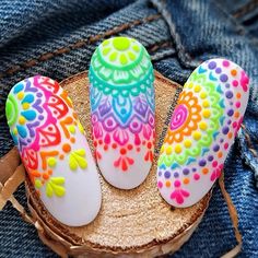 90s Neon Nails, Tulum Nails, Mandala Nail Art, Neon Gel Nails, Mandala Nails, Tape Nail Art, Rainbow Nails Design, Boho Nails, Art Deco Nails