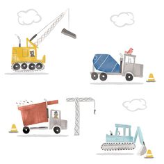 four different types of construction vehicles on a white background