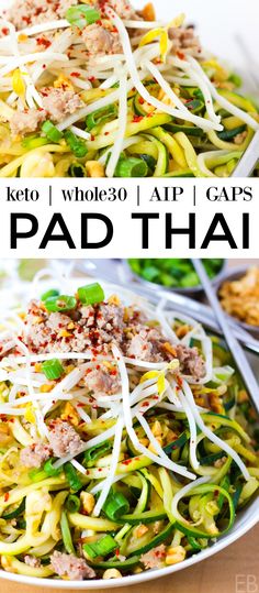 this is an image of pad thai noodles with meat and veggies on top