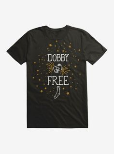 a black t - shirt that says dobby is free with gold stars on it