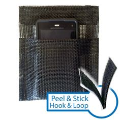 a cell phone in a black mesh bag with the text peel and stick hook & loop