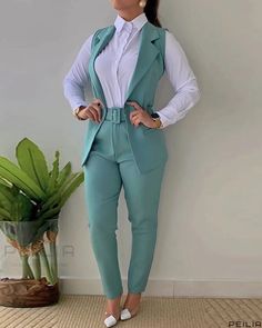 Peilia - Notched Collar Vest Blazer Coat & Pants Set With Belt Collar Vest, Belted Blazer, Vest Blazer, Classy Work Outfits, Work Wear Women, Casual Work Outfits, Striped Blazer, Daily Dress, Notched Collar