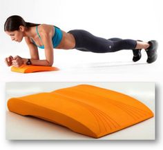 a woman is doing push ups on an orange pillow and another photo shows the same position