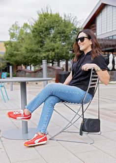 2024 Fall Trend to Try: Pop of Red Red Sneakers Outfit Women, What To Pack For London, Red Sneakers Outfit, Sneakers Outfit Women, Jolynne Shane, Sneaker Outfits Women, Fall Trend, Pop Of Red, Red Sneakers