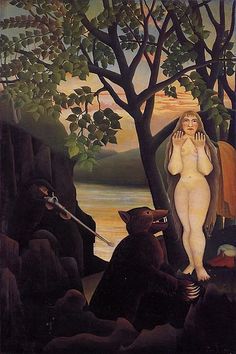 a painting of a naked woman standing next to a bear and holding her head in one hand