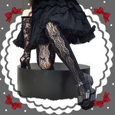 Black Lace Cutout Design Bowknot Details Tights Black Gothic Legwear For Night Out, Gothic Black Legwear For Night Out, Edgy Black Party Stockings, Edgy Black Stockings For Parties, Black Gothic Tights For Party, Gothic Black Thigh High Leggings, Black Tight Gothic Legwear, Lace Cutout, Cutout Design