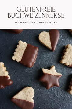 some cookies with chocolate on them and the words glutenfrie buchweienke