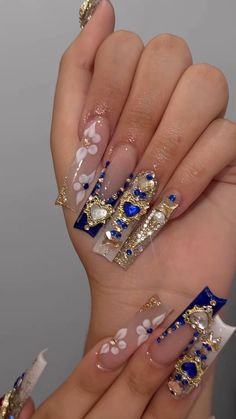 Navy Blue And Gold Nails Acrylic, Navy Blue Quince Nails, Base Nail Designs, Nude Base Nail Designs, Navy Blue And Gold Nails, Blue Gold Nails, Nails Aesthetics, Sweet 16 Nails, Acrylic Nails Ideas