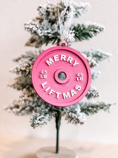 a pink christmas ornament on top of a small tree with the word merry in it