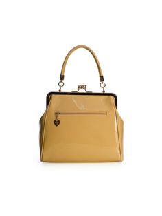 Classic retro inspired kiss-lock purse in beige patent faux leather with gold kiss-lock hardware & fabric lining. 100% PU Length: 33 CM | Width: 12 CM | Height: 26 CM Gold Satchel With Hasp Closure For Formal Occasions, Formal Gold Satchel With Hasp Closure, Retro Beige Satchel With Detachable Strap, Beige Retro Satchel With Detachable Strap, Rectangular Bags With Gold Clasp For Everyday Use, Gold Top Handle Satchel With Hasp Closure, Retro Gold Bags With Gold-tone Hardware, Gold Retro Bags With Gold-tone Hardware, Gold Retro Bags