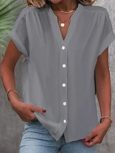 Plain Stand Collar Casual Loose Blouse Summer V-neck Gray Blouse, Gray V-neck Tops With Button Closure, Gray Plain Shirt For Summer, Plain Gray Shirt For Summer, Gray Plain Tops For Summer, Plain Gray Summer Shirt, Gray Plain Summer Tops, Gray Summer Workwear Blouse, Summer Gray V-neck Blouse