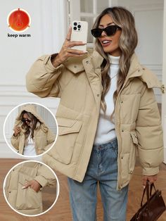 New Version Korean Style Loose Casual Big Pocket Mid-Length Padded Coat Khaki Casual  Long Sleeve Woven Fabric Plain Puffer Non-Stretch All Women Clothing, size features are:Bust: ,Length: ,Sleeve Length: Winter Mode Outfits, Outerwear Women Winter, Big Pocket, Padded Coat, Hooded Cardigan, New Version, Winter Coats Women, Inspiration Mode, Kids Sleepwear