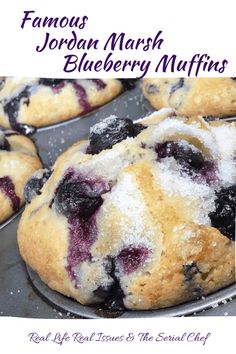 blueberry muffins with powdered sugar on top and the words famous jordan marsh blueberry muffins