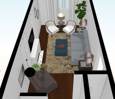 an aerial view of a living room and dining room