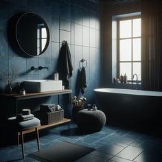 a bath room with a tub a sink and a mirror on the wall next to a window