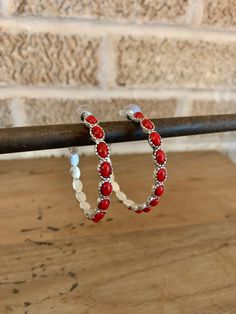 Hooped Earrings, Turquoise Stone Jewelry, Stone Hoop Earrings, Cowgirl Jewelry, Western Earrings, Red Jewelry, Western Jewelry, Red Stone, Jewelry Earrings Hoops