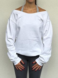 white off the shoulder or crewneck sweatshirt with option of embroidered sleeve(s) please message me before choosing 'other' design available in other sweatshirt colours model wears size small with cut neckline fleece lined sweatshirt, unisex sizing please refer to size guide below: SMALL: chest- 34-36 inches width: 50.8 cm length: 71.1 cm sleeve length: 86.4 cm MEDIUM: chest- 38-40 inches width: 50.8 cm length: 73.7 cm sleeve length: 88.9cm LARGE: chest- 42-44 inches width: 61 cm length: 76.2 c White Stretch Crew Neck Sweatshirt, Trendy Fitted White Sweatshirt, White Fitted Cotton Sweatshirt, White Stretch Sweatshirt For Fall, Oversized Off-shoulder Cotton Top, Oversized White French Terry Sweatshirt, White French Terry Tops For Fall, White French Terry Long Sleeve Sweatshirt, Oversized White French Terry Top