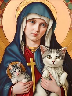 a painting of the virgin mary holding a cat