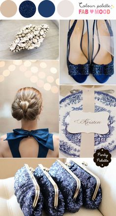 blue and white wedding color palettes for the bride's dress, shoes, clutches