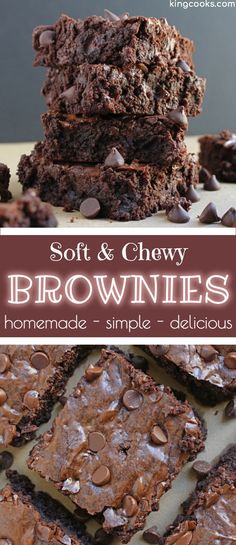 brownies stacked on top of each other with chocolate chips in the middle and text overlay