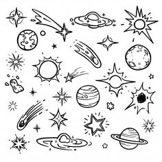 black and white space doodles with stars, planets and other things on it