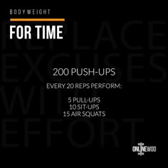 the bodyweight formula for time 200 push - ups every 20 reps perform 5 pullups 10 air squats