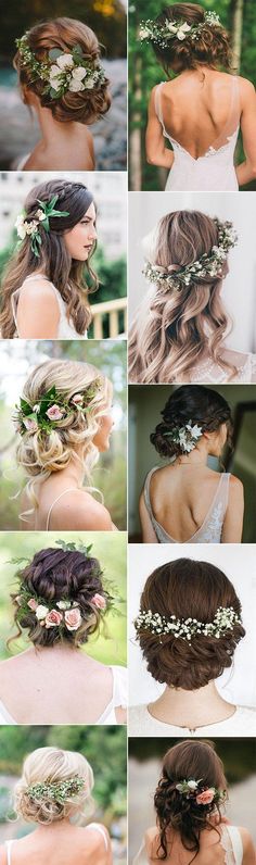 many different types of flowers and leaves in the hair