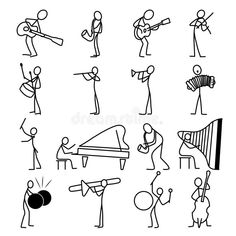 an image of people playing musical instruments and dancing doodle style illustration on white background