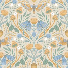 an artistic wallpaper design with blue and yellow flowers, leaves and butterflies on it