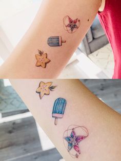 two different tattoos on the arms of women, one with an ice cream cone and starfish