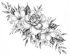 a black and white drawing of flowers