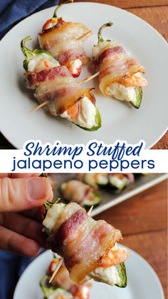 there are two pictures of stuffed jalapeno peppers on the plate and in the middle