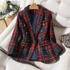 CAROLINE SUITS Women's Elegant Stylish Fashion Office Professional Woven Plaid Navy Blue & Red Plaid Blazer Jacket Blue Plaid Coat, Womens Blazer Coat, Womens Plaid Blazer, Winter Blazer, Pant Suits For Women, Casual Professional, Office Professional, Fashion Office, The Visit