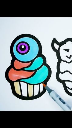 a drawing of a cupcake and a sheep