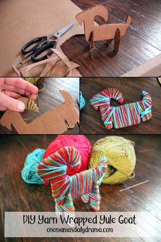 yarn wrapped dog sitting on top of a wooden table next to scissors and yarn balls