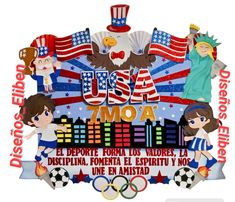 an olympic medal with the statue of liberty and two girls in patriotic outfits, one holding a soccer ball