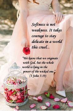 a woman in a pink dress sitting on the ground with roses around her and a quote from john 3 19