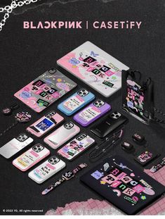 an assortment of cell phones and accessories are displayed on a black background with the words blackpink pink caseity