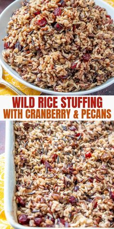 wild rice stuffing with cranberry and pecans in a white dish on a yellow cloth