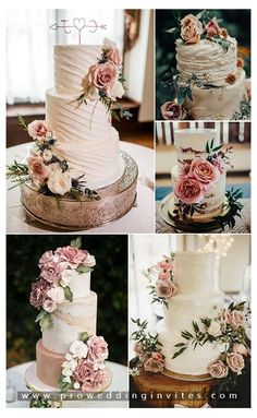 wedding cakes with flowers and greenery on the top, bottom, and bottom tiers