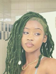 Loc Inspo Black Women Color, Mid Length Locs Hairstyles, Skunk Stripe Locs Black Women, Green And Black Locs, Locs And Tattoos, Blonde Dreads Black Women, Dark Green Locs, Green Locs Black Women