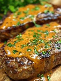 two steaks covered in gravy and garnished with fresh parsley